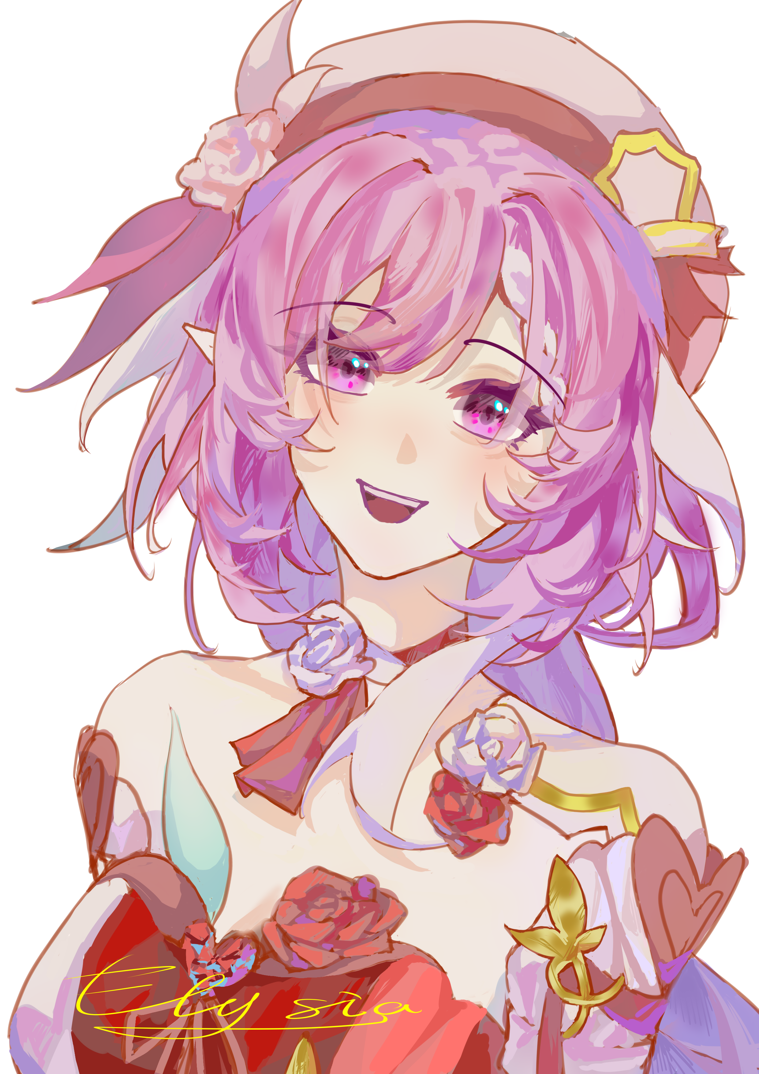 elysia (hi love elf) (honkai impact), elysia (honkai impact), honkai (series), honkai impact 3rd, absurdres, chinese commentary, commentary request, highres, 1girl, beret, breasts, character name, dress, elf, hat, large breasts, long hair, looking at viewer, multicolored hair, pink hair, pointy ears, purple eyes, red dress, simple background, smile, solo, two-tone hair, upper body, very long hair, viosexi, white background, white hair