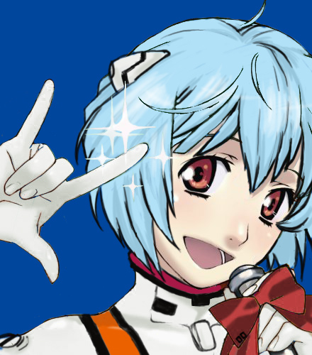 sushi neko, ayanami rei, ranka lee, macross, macross frontier, neon genesis evangelion, bad id, bad pixiv id, lowres, blue eyes, m/, mecha pilot suit, microphone, parody, plugsuit (evangelion), red eyes, seikan hikou, solo