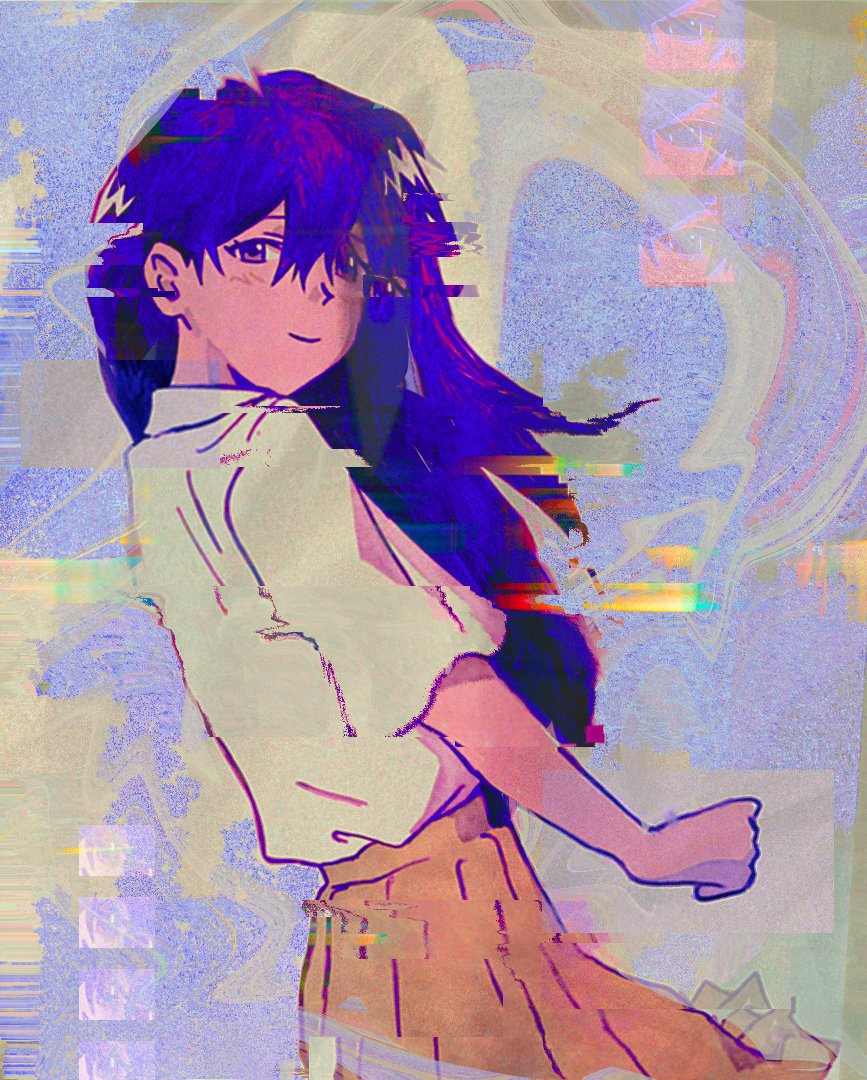 sapgoon, mari (headspace) (omori), mari (omori), omori, 1990s (style), 1girl, brown skirt, closed mouth, collared shirt, glitch, hair between eyes, long hair, looking at viewer, pleated skirt, purple eyes, purple hair, retro artstyle, shirt, short sleeves, skirt, smile, solo, white shirt