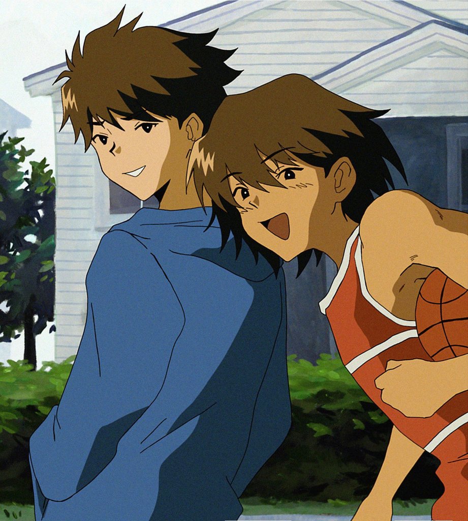 sapgoon, hero (faraway) (omori), hero (omori), kel (faraway) (omori), kel (omori), omori, 2boys, ball, basketball (object), black eyes, blue sweater, blush, bright pupils, brothers, brown hair, dark-skinned male, dark skin, day, holding, holding ball, house, long sleeves, looking at viewer, male focus, multiple boys, open mouth, outdoors, parted lips, short hair, siblings, smile, sweater, white pupils