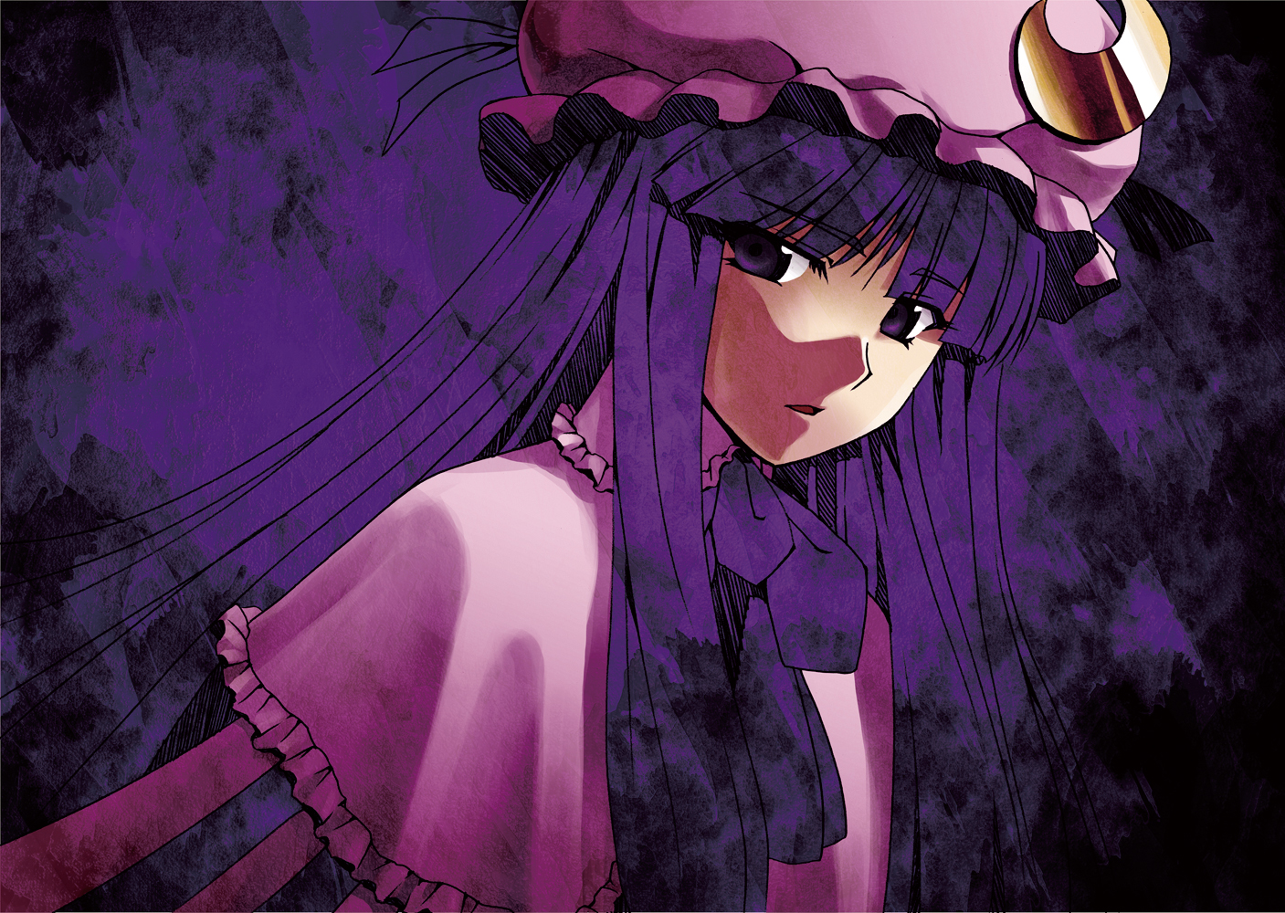 watanabe hiroaki, patchouli knowledge, touhou, 1girl, female focus, hat, long hair, purple eyes, purple hair, solo
