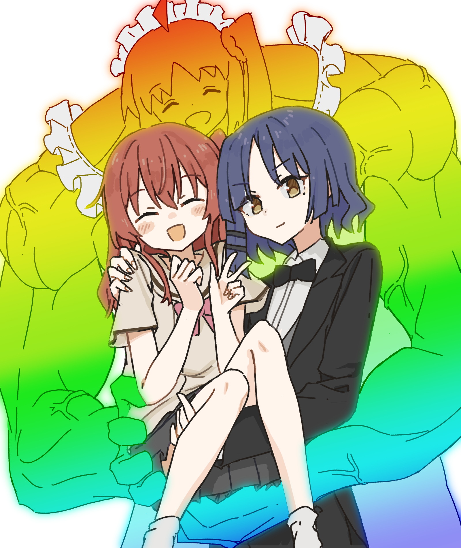 you sakura ys, ijichi nijika, kita ikuyo, yamada ryo, bocchi the rock!, highres, 3girls, black bow, black bowtie, black suit, blue hair, blush, bow, bowtie, brown shirt, butler, carrying, carrying person, closed eyes, coattails, colored skin, crossdressing, crossdressing (ftm), female butler, formal clothes, frilled sleeves, frills, long hair, long sleeves, maid headdress, multicolored skin, multiple girls, muscular, one side up, open mouth, pant suit, pants, pleated skirt, red eyes, red hair, school uniform, shirt, short sleeves, skirt, smile, suit, tailcoat, tuxedo, tuxedo shirt, v, white background, yellow eyes