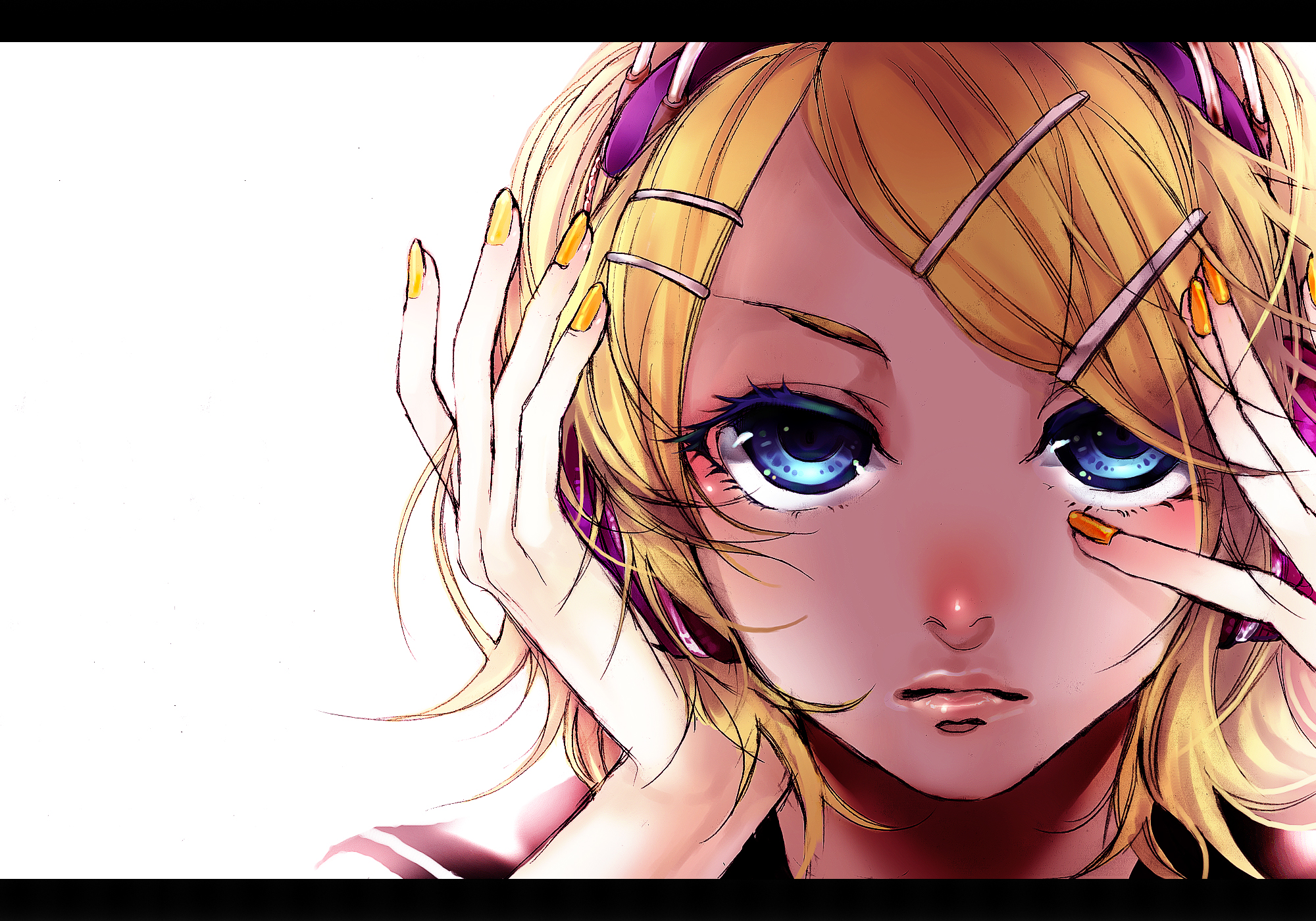 akiakane, kagamine rin, migikata no chou (vocaloid), vocaloid, highres, official art, 1girl, arm support, blonde hair, blue eyes, blush, border, close-up, closed mouth, expressionless, eyelashes, face focus, facing viewer, female focus, hair ornament, hairclip, hand support, headphones, letterboxed, lips, lipstick, looking at viewer, makeup, nail polish, nose blush, out of frame, parted bangs, portrait, sailor collar, short hair, simple background, solo, swept bangs, white background, yellow nails