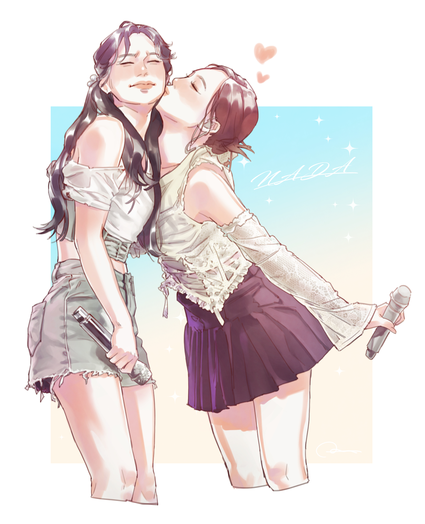 dahyun (twice), nayeon (twice), real life, twice (group), highres, 2girls, blush, border, denim, denim skirt, detached sleeves, embarrassed, grey skirt, heart, holding, holding microphone, k-pop, kiss, kissing cheek, leaning forward, microphone, multiple girls, ochie, off shoulder, purple skirt, shirt, signature, skirt, sleeveless, sleeveless shirt, smile, sparkle, white border, white shirt, yuri