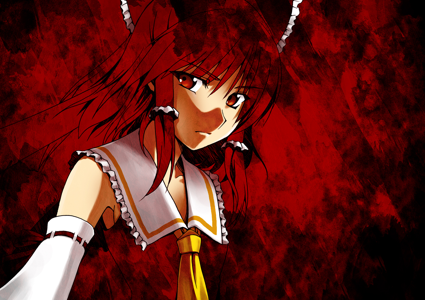 watanabe hiroaki, hakurei reimu, touhou, 1girl, ascot, bow, detached sleeves, female focus, hair bow, hair tubes, japanese clothes, miko, red eyes, red hair, solo