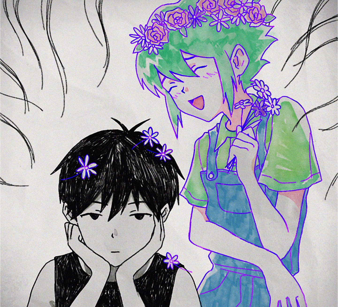 sapgoon, basil (headspace) (omori), basil (omori), omori (omori), omori, highres, 1990s (style), 2boys, antenna hair, black eyes, black hair, black tank top, blue overalls, blush, closed mouth, collared shirt, double-parted bangs, expressionless, flower, flower wreath, green hair, green shirt, hands on own cheeks, hands on own face, head wreath, holding, holding flower, looking at viewer, male focus, multiple boys, open mouth, overalls, retro artstyle, shirt, short hair, short sleeves, sidelocks, smile, tank top