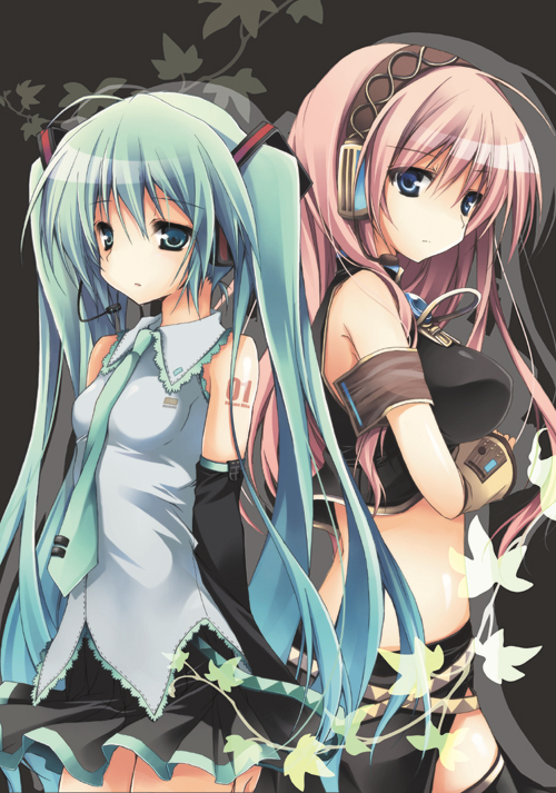 purinpurin, hatsune miku, megurine luka, vocaloid, bad id, bad pixiv id, 2girls, aqua eyes, aqua hair, blue eyes, breasts, detached sleeves, headphones, long hair, medium breasts, multiple girls, navel, necktie, pink hair, skirt, small breasts, thighhighs, twintails