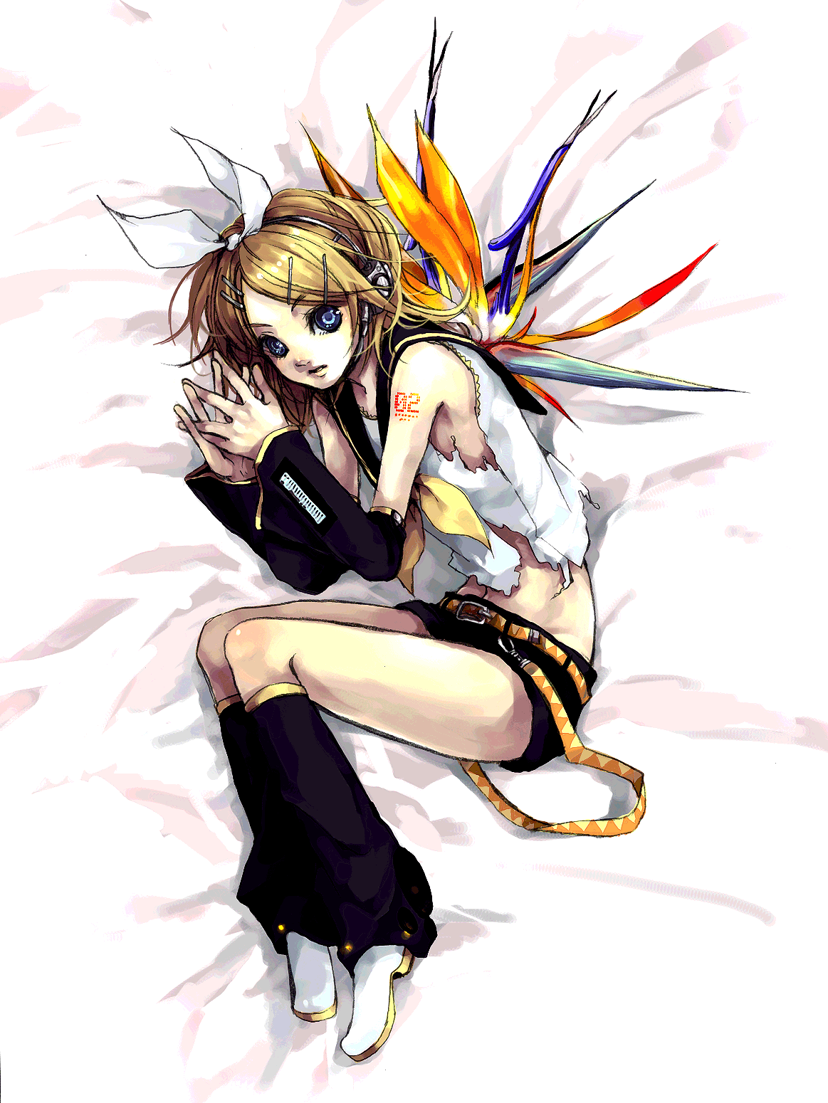 akiakane, kagamine rin, gokurakuchou (vocaloid), vocaloid, bad id, bad pixiv id, highres, 1girl, belt, blonde hair, female focus, fetal position, full body, hairband, headphones, lying, short hair, solo, torn clothes, wings