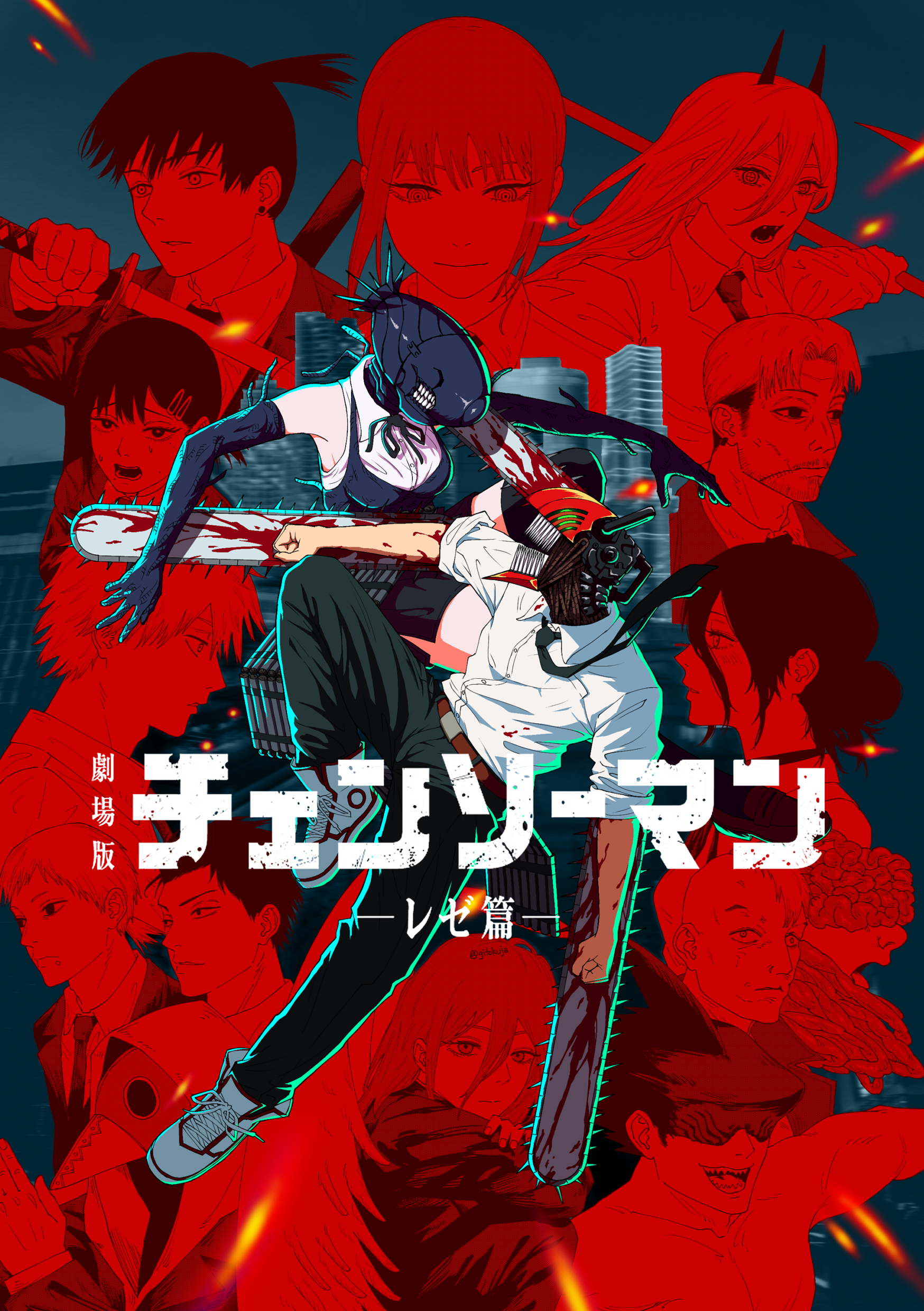 gitokuja, angel devil (chainsaw man), beam (chainsaw man), bomb devil (chainsaw man), denji (chainsaw man), hayakawa aki, higashiyama kobeni, makima (chainsaw man), power (chainsaw man), reze (chainsaw man), violence fiend (chainsaw man), chainsaw man, absurdres, highres, 1boy, 1girl, alternate form, apron, battle, black apron, black gloves, black necktie, black pants, blood, chainsaw, character background, collared shirt, elbow gloves, gloves, necktie, object head, pants, shark boy, sharp teeth, shirt, sleeveless, sleeveless shirt, teeth, typhoon devil's contractor (chainsaw man), white shirt