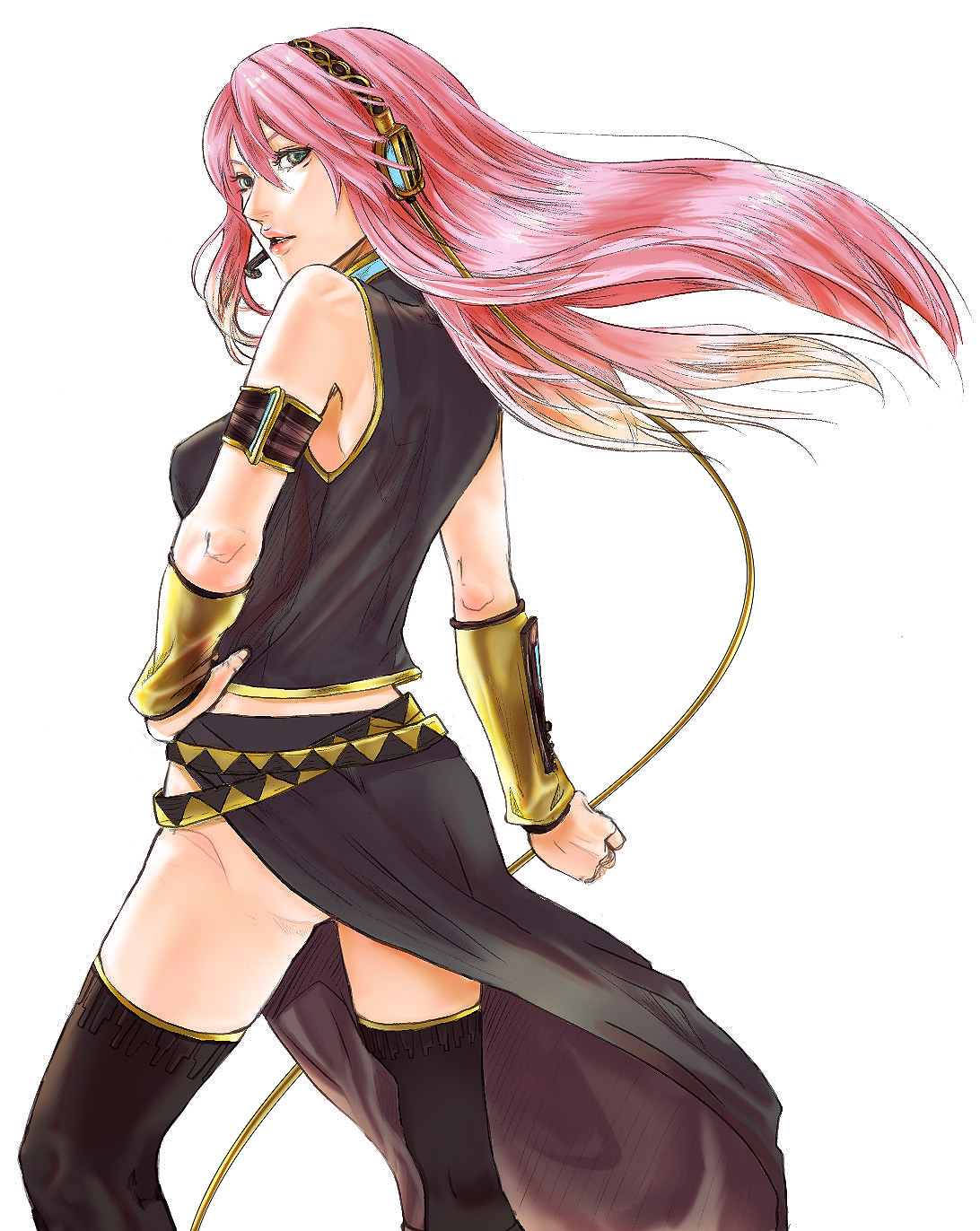 liran (iro), ranmaru (iro), megurine luka, vocaloid, bad id, bad pixiv id, highres, 1girl, bare shoulders, detached sleeves, female focus, green eyes, hand on own hip, headset, hip focus, long hair, looking back, pink hair, side slit, solo, thighhighs