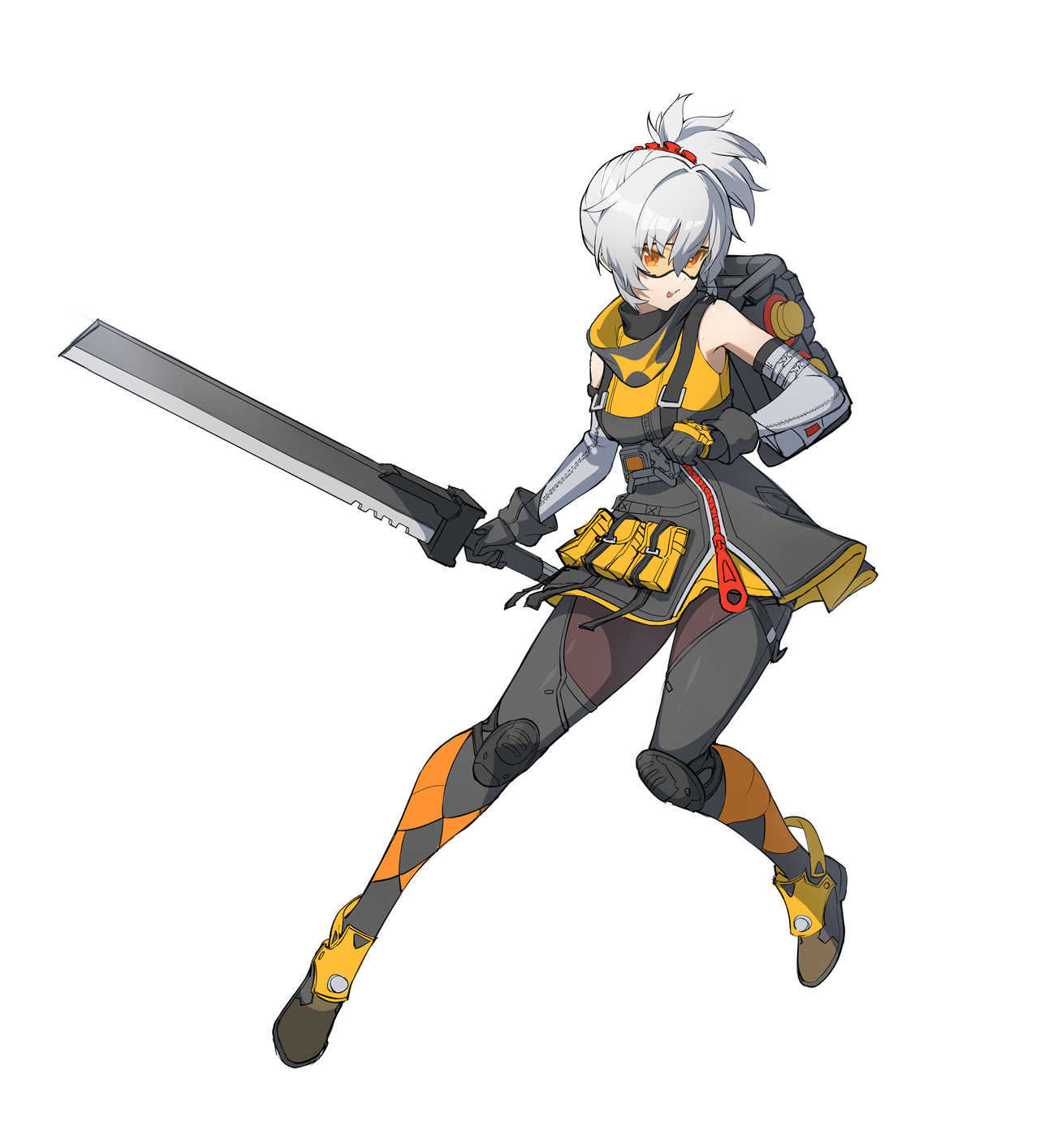 kinokare, soldier 11 (zenless zone zero), zenless zone zero, commentary request, highres, 1girl, black gloves, full body, gloves, grey hair, grey sleeves, hair between eyes, high ponytail, holding, holding sword, holding weapon, looking to the side, open mouth, orange eyes, ponytail, short hair, sidelocks, solo, sword, teeth, tinted eyewear, upper teeth only, weapon, white background, yellow-tinted eyewear