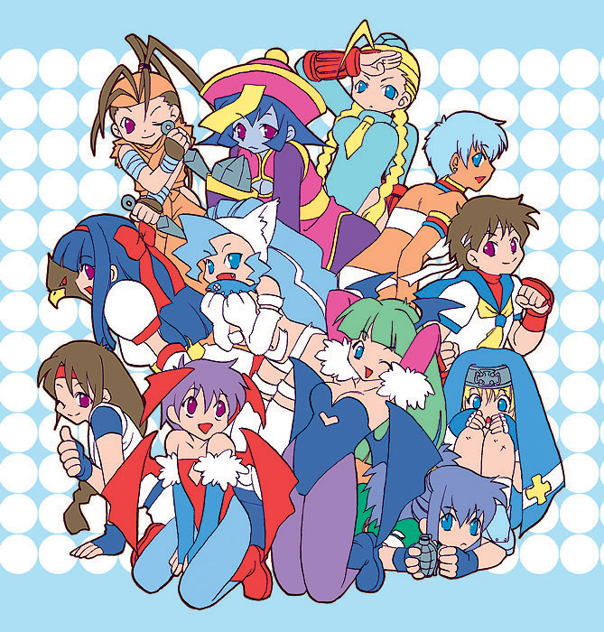 yanakatu, bridget (guilty gear), cammy white, elena (street fighter), felicia (darkstalkers), hsien-ko, ibuki (street fighter), kasugano sakura, leona heidern, lilith (darkstalkers), morrigan aensland, nakoruru, yuri sakazaki, arc system works, capcom, darkstalkers, guilty gear, guilty gear xx, ryuuko no ken, samurai spirits, snk, street fighter, street fighter iii (series), the king of fighters, 1boy, 6+girls, animal hands, blonde hair, blue sailor collar, bow, clothing cutout, crossover, dark skin, hip vent, leotard, multiple crossover, multiple girls, one eye closed, pantyhose, red bow, red leotard, sailor collar, trap, wink
