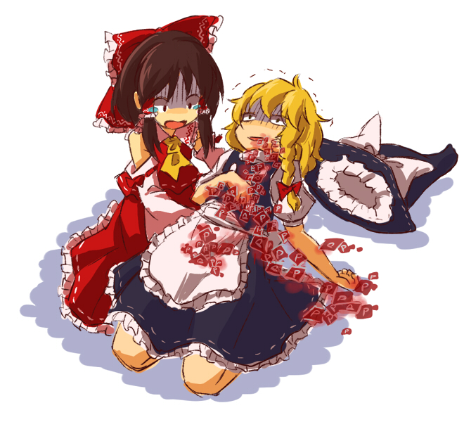 kingin, hakurei reimu, kirisame marisa, touhou, 2girls, blonde hair, blood, bow, brown hair, dying, female focus, gameplay mechanics, hair bow, hat, multiple girls, open mouth, parody, power-up, power item (touhou), simple background, tears, trembling, turn pale, unworn hat, unworn headwear, white background, witch, witch hat