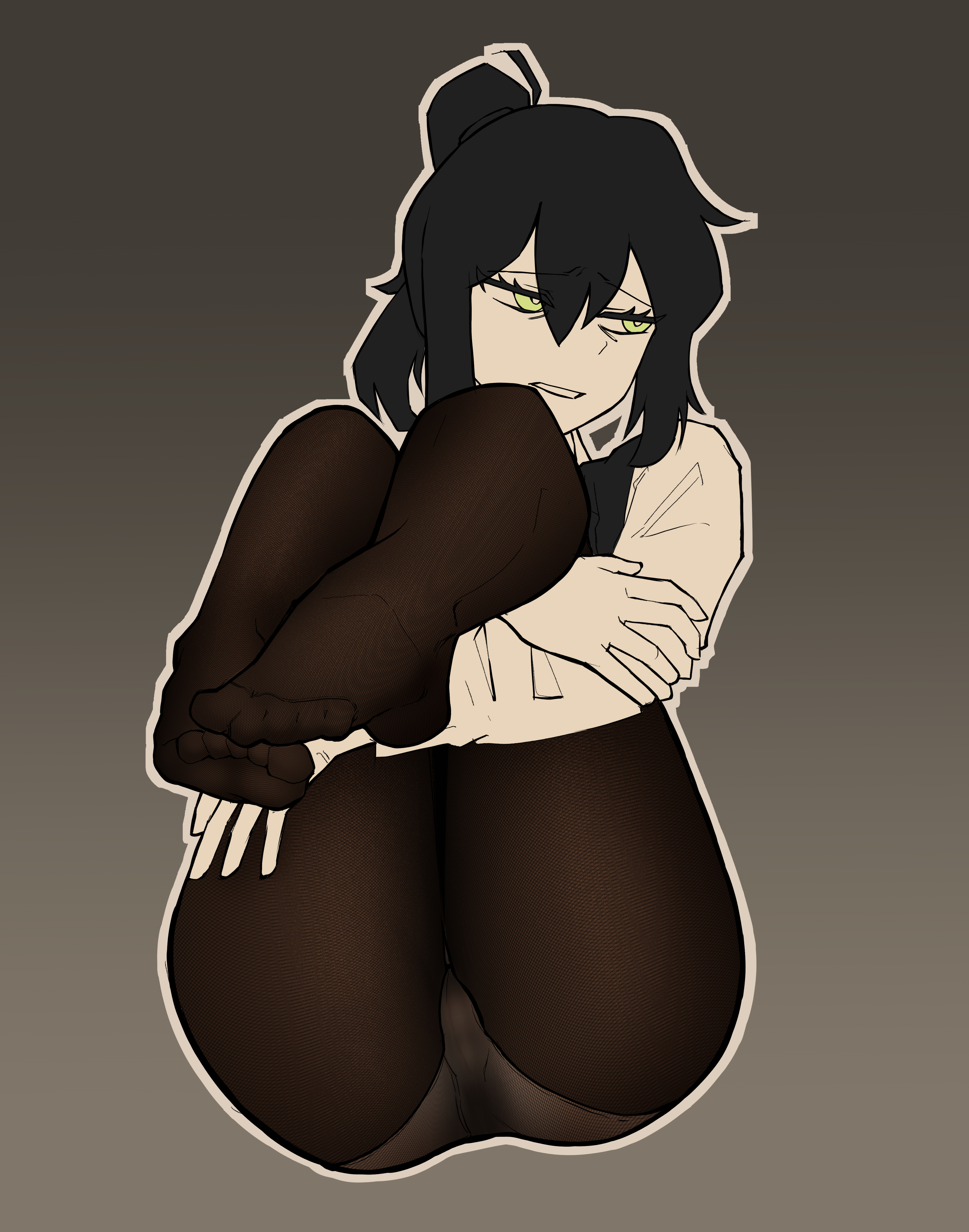 lazybear012, renee graves, the coffin of andy and leyley, absurdres, highres, 1girl, ass, black hair, brown pantyhose, feet, grey background, hair between eyes, hugging own legs, knees up, legs together, long sleeves, looking to the side, no shoes, outline, panties, panties under pantyhose, pantyhose, ponytail, shirt, sidelocks, simple background, sitting, solo, thighs, toes, underwear, white outline, white shirt