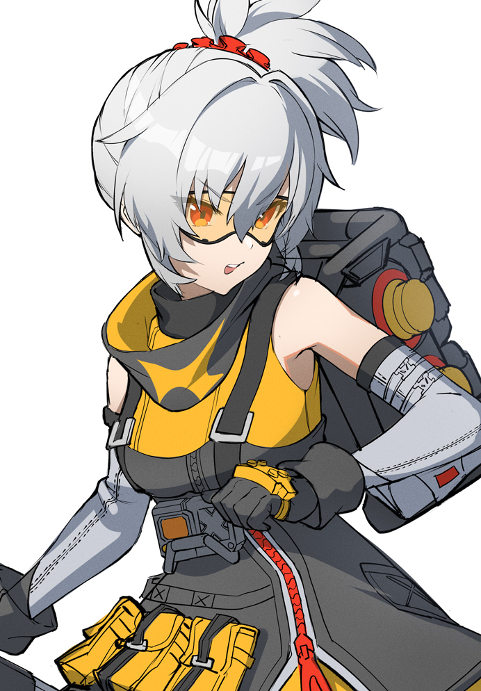 kinokare, soldier 11 (zenless zone zero), zenless zone zero, commentary request, 1girl, black gloves, gloves, goggles, grey hair, hair between eyes, high ponytail, open mouth, orange eyes, ponytail, short hair, sidelocks, solo, teeth, tinted eyewear, upper body, upper teeth only, white background, yellow-tinted eyewear