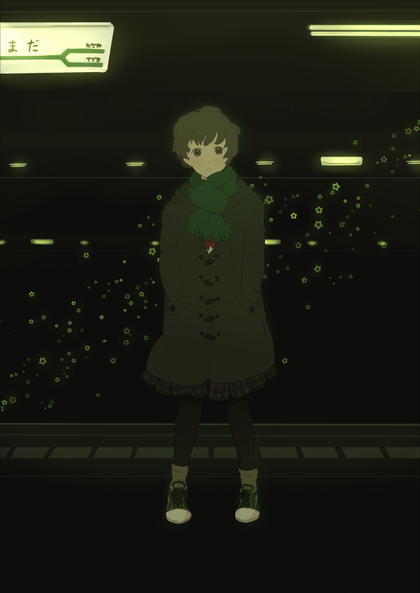 mosuko, highres, tagme, brown eyes, brown hair, coat, dark, scarf, solo