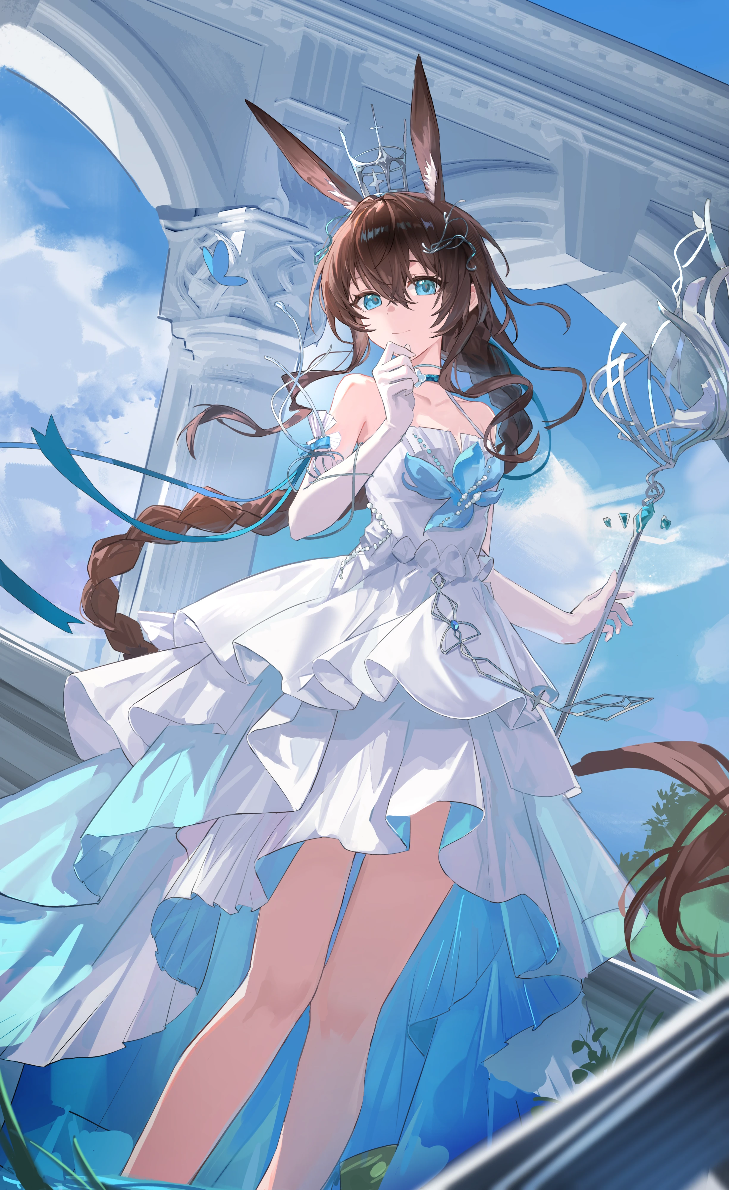 chenmu sora, amiya (ambience synesthesia 2025) (arknights), amiya (arknights), arknights, absurdres, highres, 1girl, animal ears, bare shoulders, blue butterfly, blue eyes, blue sky, braid, brown hair, bug, butterfly, closed mouth, cloud, cloudy sky, crown, dress, elbow gloves, floating hair, gloves, hair between eyes, hand up, holding, holding staff, insect, long hair, looking at viewer, official alternate costume, rabbit ears, rabbit girl, sky, smile, solo, staff, white dress, white gloves