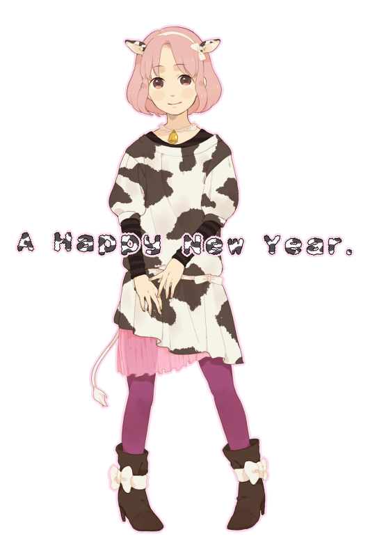 mosuko, bad id, bad pixiv id, 1girl, animal costume, bell, cow costume, female focus, horns, looking at viewer, pantyhose, pink hair, red eyes, short hair, simple background, solo, white background