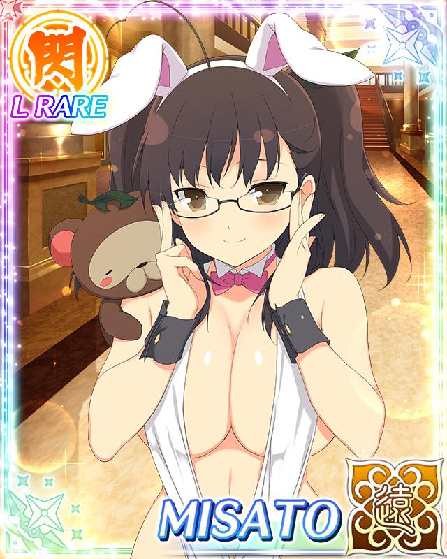 misato (senran kagura), senran kagura, senran kagura new wave, game cg, non-web source, official art, 1girl, adjusting eyewear, ahoge, animal ear hairband, animal ears, blush, bow, bowtie, breasts, brown eyes, brown hair, cleavage, closed mouth, detached collar, fake animal ears, glasses, hair ornament, hairband, heart, heart ahoge, large breasts, leaf, leaf hair ornament, looking at viewer, nontraditional playboy bunny, official alternate costume, playboy bunny, rabbit ear hairband, rabbit ears, skindentation, slingshot swimsuit, smile, solo, swimsuit, tanuki, white slingshot swimsuit
