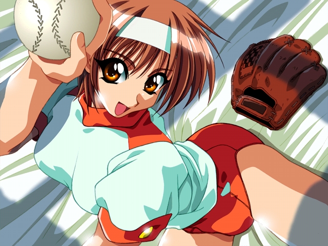 non-web source, 1girl, baseball, baseball glove, bed, brown eyes, brown hair, buruma, female focus, gym uniform, hairband, short hair, solo