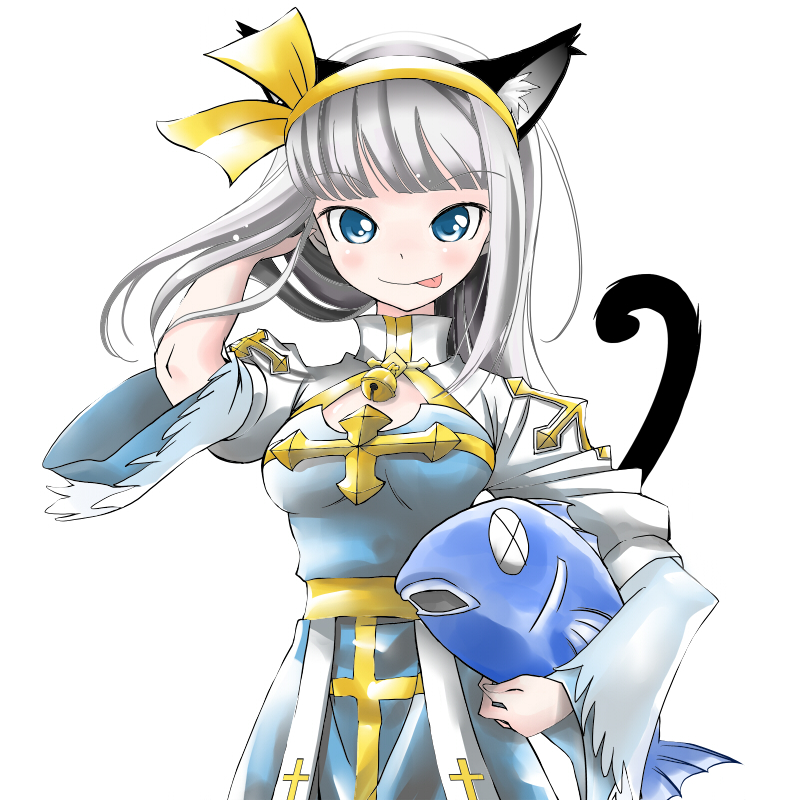nou kitsune, arch bishop (ragnarok online), ragnarok online, commentary request, 1girl, 2000s (style), :p, animal, animal ears, bell, blue dress, blunt bangs, blush, breasts, cat ears, cat girl, cat tail, cleavage cutout, closed mouth, clothing cutout, cowboy shot, cross, cross print, dress, fish, grey hair, hairband, hand in own hair, holding, holding animal, holding fish, juliet sleeves, long hair, long sleeves, looking at viewer, medium breasts, neck bell, puffy sleeves, sash, simple background, smile, solo, tail, tongue, tongue out, two-tone dress, white background, white dress, yellow hairband, yellow sash
