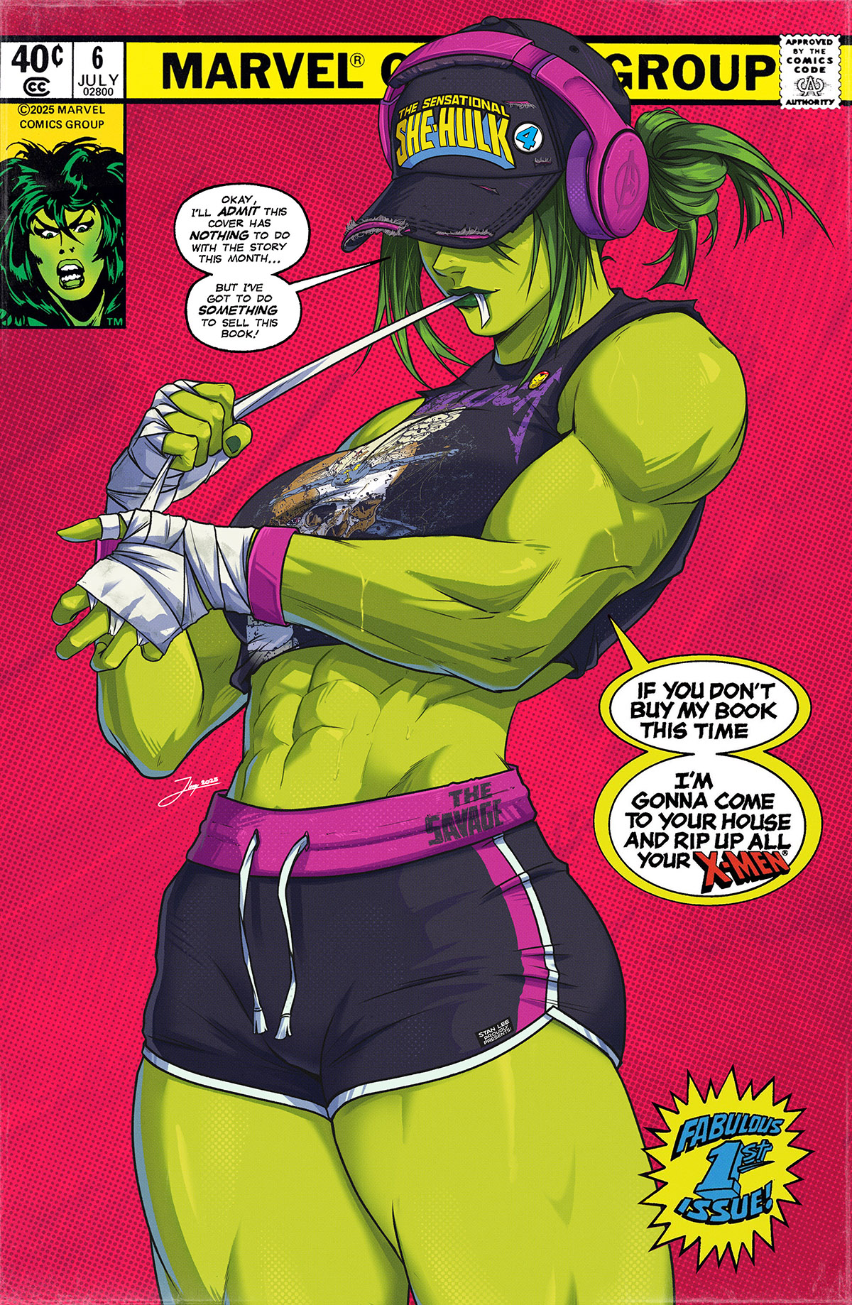 jhony caballero, jennifer walters, she-hulk, marvel, commentary, highres, 1girl, abs, alternate costume, artist name, bandaged hand, bandages, bare shoulders, black hat, black shorts, character name, colored skin, copyright name, covered eyes, english text, green hair, green skin, hat, headphones, midriff, muscular, muscular female, shorts, solo, speech bubble, sweat