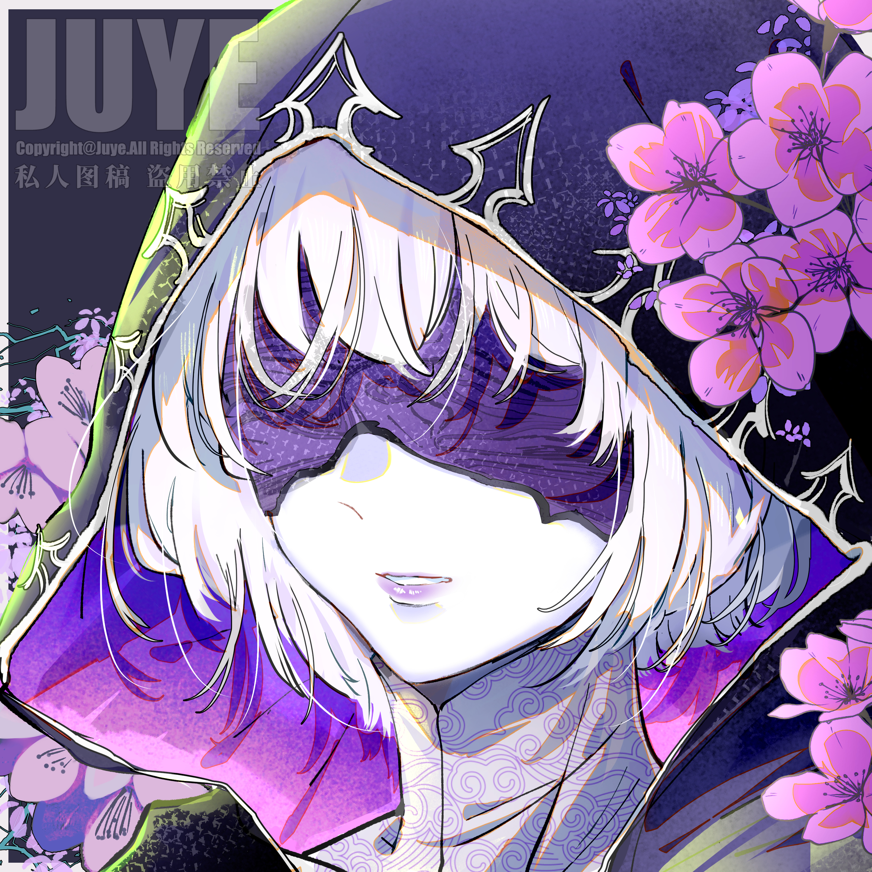 xiaoye ju er, ash (titanfall 2), apex legends, absurdres, chinese commentary, highres, 1girl, animification, artist name, blindfold, colored blindfold, expressionless, flower, hood, hood up, laced lethality ash, pale skin, parted lips, portrait, purple flower, purple lips, short hair, solo, watermark, white hair