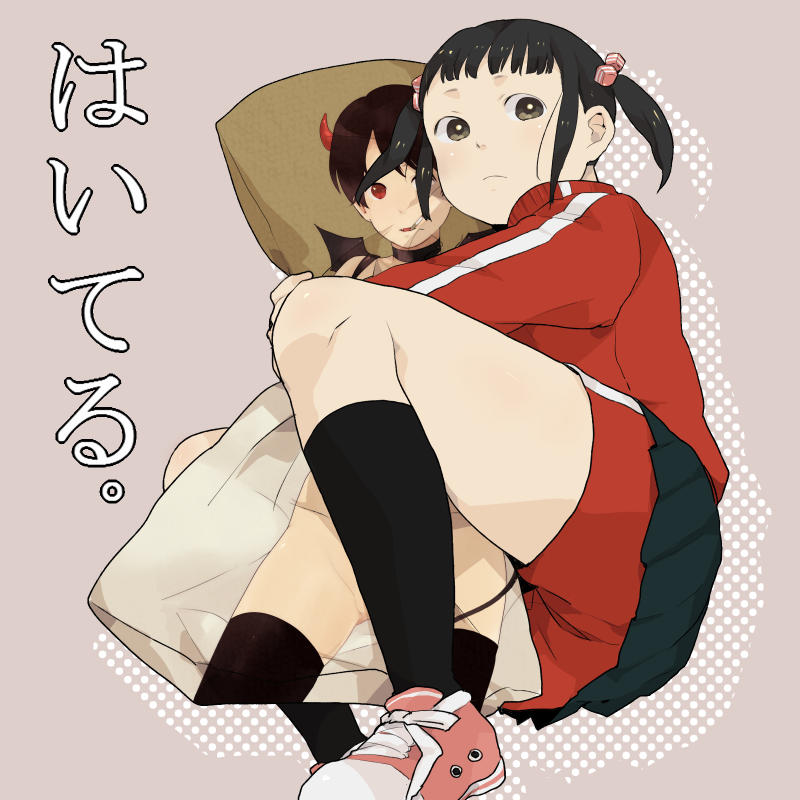 mosuko, bad id, bad pixiv id, tagme, black hair, cigarette, pillow, red eyes, solo, twintails