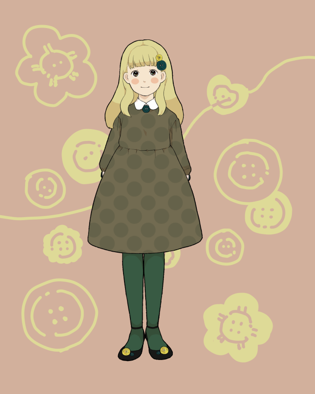 mosuko, bad id, bad pixiv id, blonde hair, blush, buttons, dress, fashion, flower, green pantyhose, mary janes, pantyhose, polka dot, shoes, solo