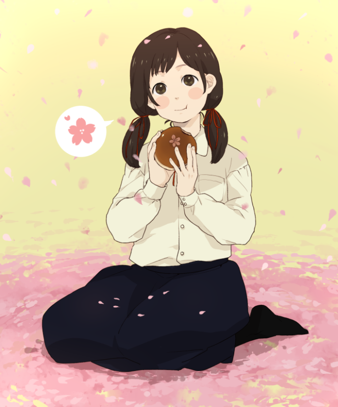 mosuko, bad id, bad pixiv id, bread, brown eyes, brown hair, cherry blossoms, eating, food, hair bun, kneeling, ribbon, sitting, skirt, solo, twintails