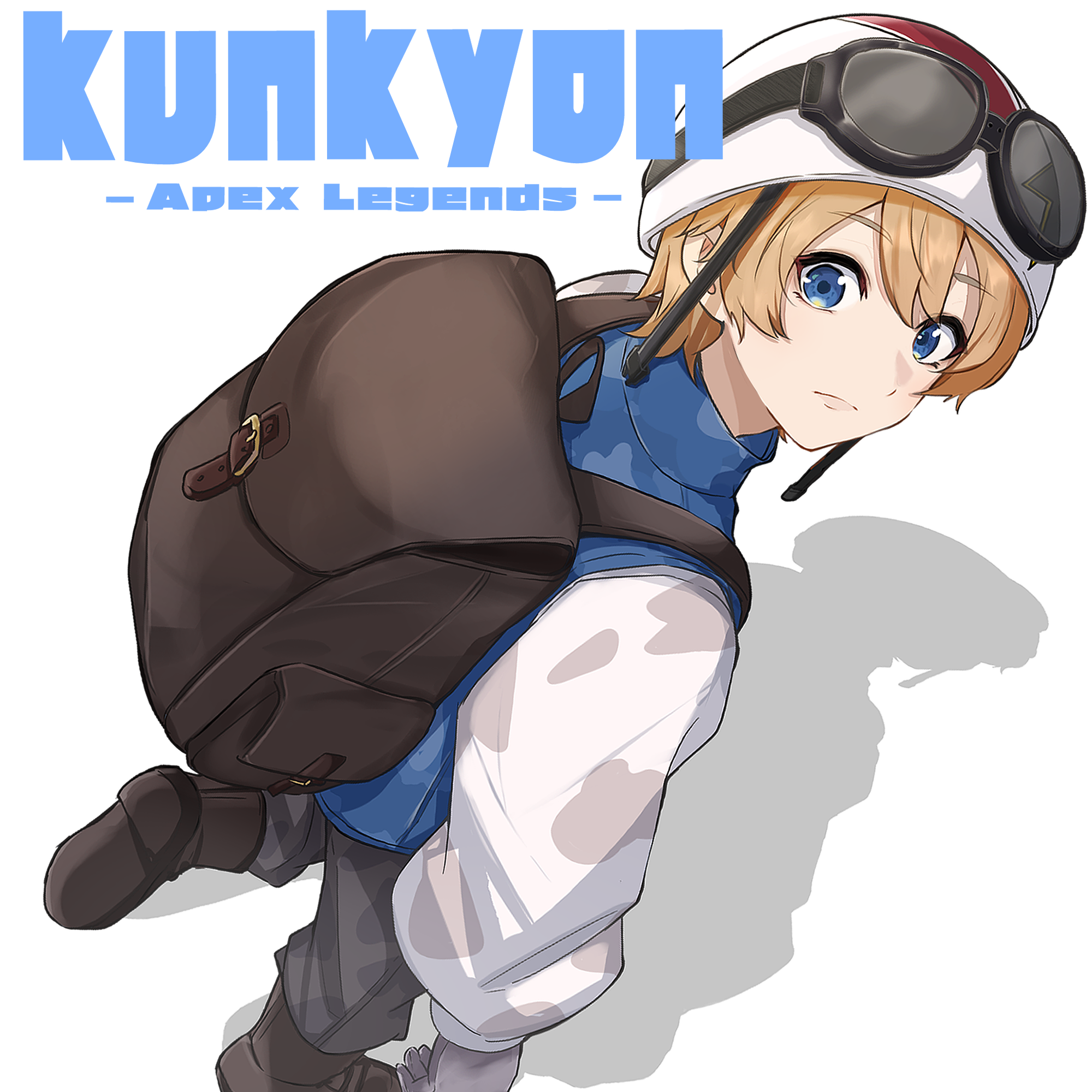 kuma no gyuunyuu-ya-san, original, highres, 1boy, adapted costume, animification, backpack, bag, black boots, blue eyes, blue jacket, boots, copyright name, gloves, goggles, goggles on head, grey gloves, grey pants, helmet, jacket, kunkyon, letterman jacket, light frown, looking at viewer, male focus, pants, solo, walking, white helmet