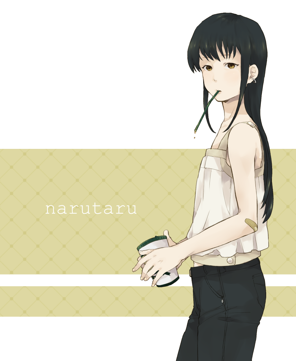 mosuko, koga norio, narutaru, bad id, bad pixiv id, 1boy, bandaid, black hair, brown eyes, cowboy shot, earrings, from side, jewelry, male focus, solo, trap