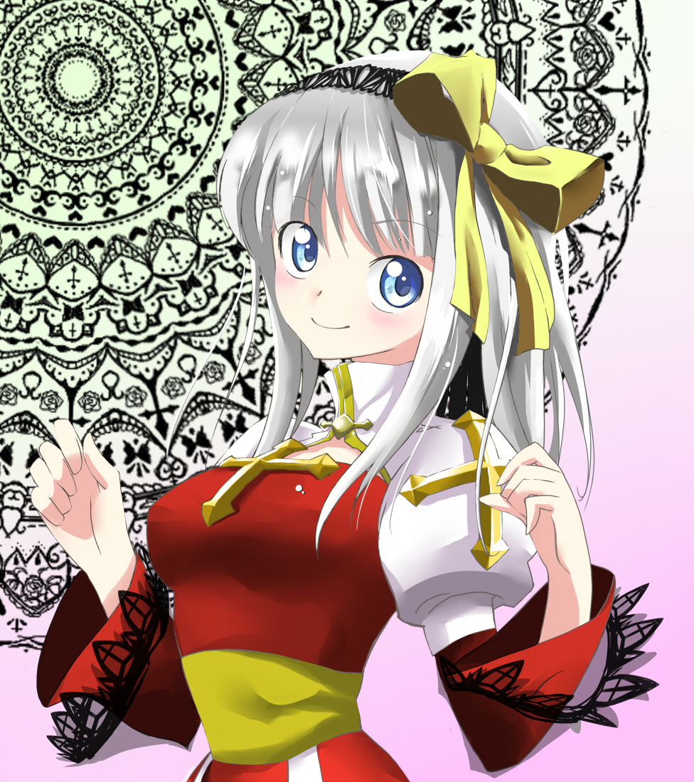 nou kitsune, arch bishop (ragnarok online), ragnarok online, commentary request, 1girl, 2000s (style), blue eyes, blush, bow, breasts, closed mouth, cross, dress, hair bow, hands up, juliet sleeves, long hair, long sleeves, looking at viewer, medium breasts, patterned background, pink background, puffy sleeves, red dress, sash, sidelocks, smile, solo, two-tone dress, upper body, white dress, yellow bow, yellow sash
