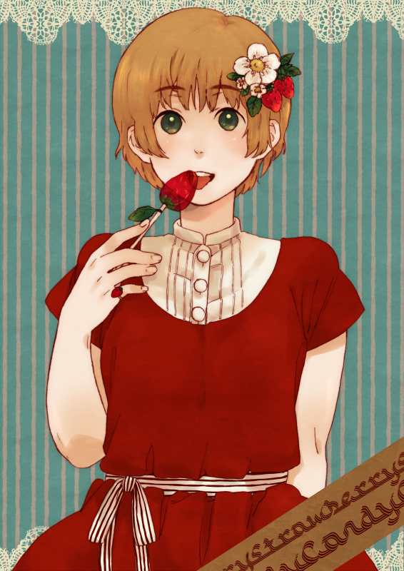mosuko, bad id, bad pixiv id, brown hair, flower, food, food-themed clothes, fruit, green eyes, solo, strawberry