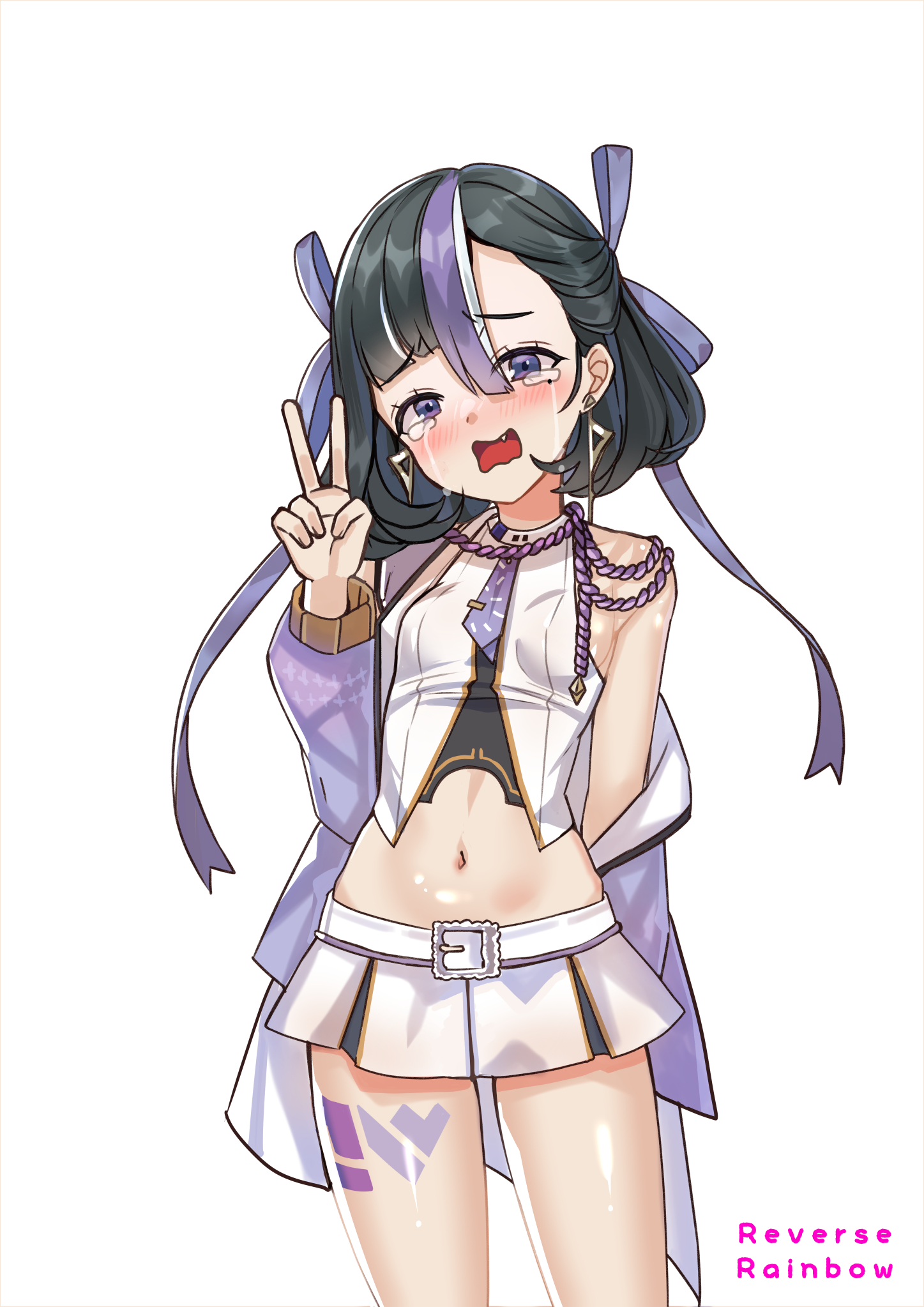 jin young-in, syuen (nikke), goddess of victory: nikke, highres, 1girl, black hair, blush, breasts, crying, crying with eyes open, earrings, hair ribbon, hand up, jacket, jewelry, leg tattoo, medium hair, miniskirt, mole, mole under eye, navel, purple jacket, purple ribbon, purple streaks, ribbon, shirt, simple background, skirt, small breasts, solo, tattoo, tears, v, white background, white shirt, white skirt, white streaks