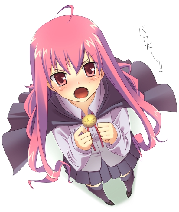 saya (temporubato), louise francoise le blanc de la valliere, zero no tsukaima, translated, 00s, 1girl, ahoge, blush, cape, female focus, from above, long hair, pentacle, perspective, pink eyes, pink hair, school uniform, skirt, solo, tears, thighhighs, zettai ryouiki