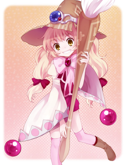 koto (colorcube), beryl benito, tales of (series), tales of hearts, bad id, bad pixiv id, 1girl, art brush, blonde hair, boots, bow, child, female focus, grin, hair bow, hat, knee boots, long hair, paintbrush, pink bow, smile, solo, thighhighs, witch hat, yellow eyes