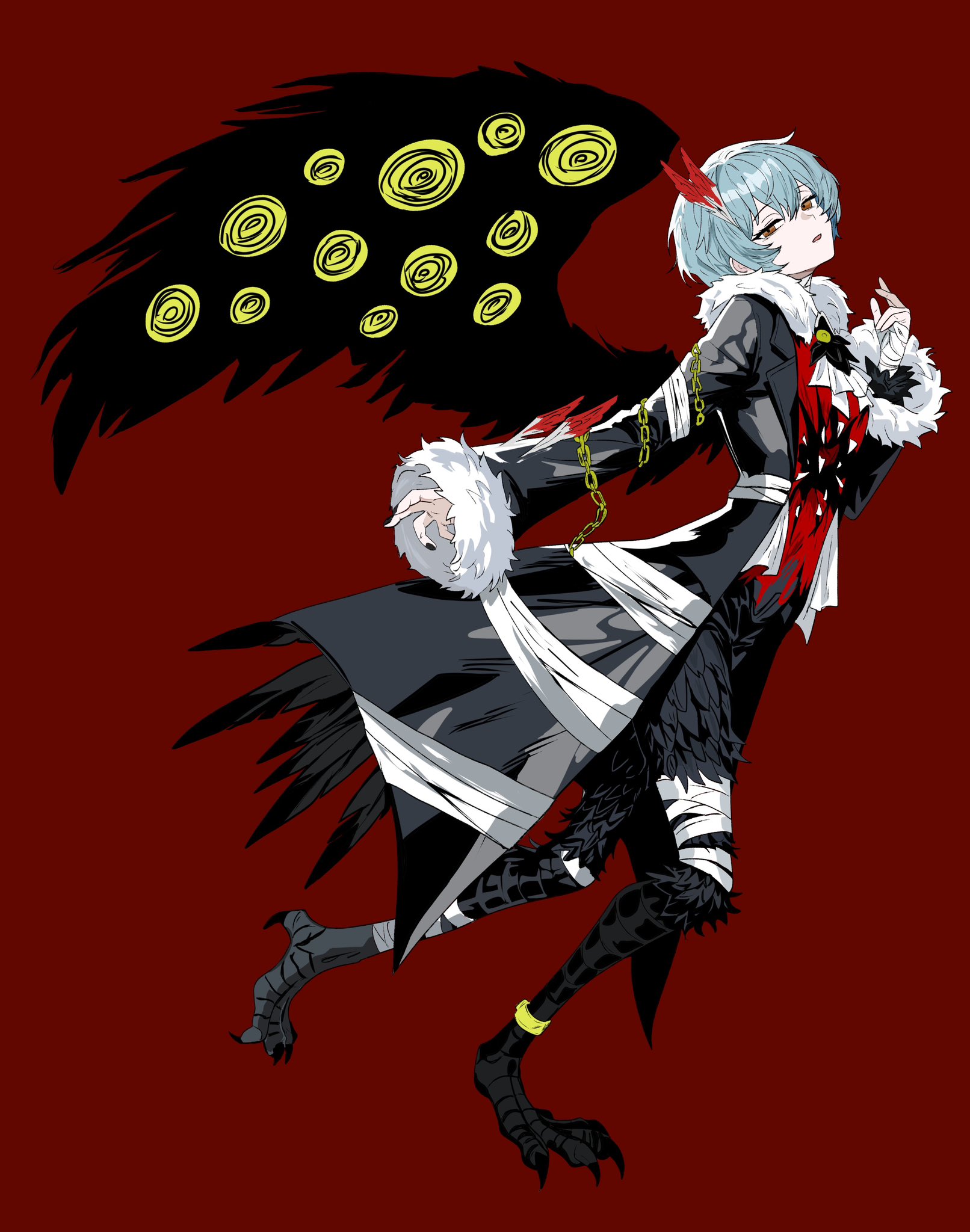 218 (niiya), angela (project moon), library of ruina, project moon, highres, 1girl, ascot, bandaged leg, bandages, bird legs, black coat, black feathers, black nails, blue hair, chain, coat, e.g.o (project moon), feather hair ornament, feathered wings, feathers, full body, fur-trimmed coat, fur-trimmed sleeves, fur trim, hair ornament, long sleeves, looking at viewer, red background, shirt, short hair, simple background, single wing, solo, talons, twilight (e.g.o), wings, yellow eyes