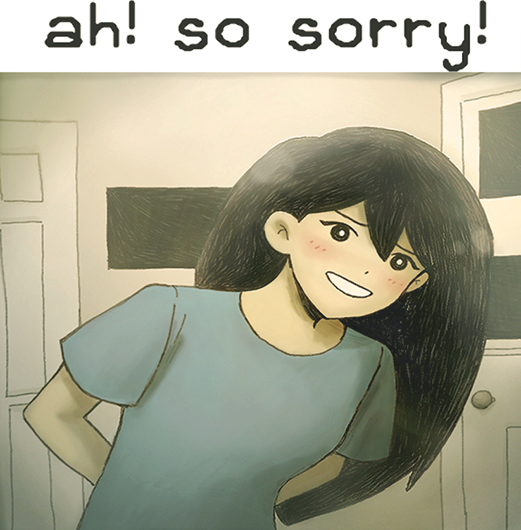sapgoon, mari (faraway) (omori), mari (omori), jerma985, omori, 1girl, alternate costume, arms behind back, black eyes, black hair, blue shirt, blush, door, double-parted bangs, english text, indoors, long hair, looking at viewer, omocat (style), open mouth, shirt, short sleeves, smile, solo