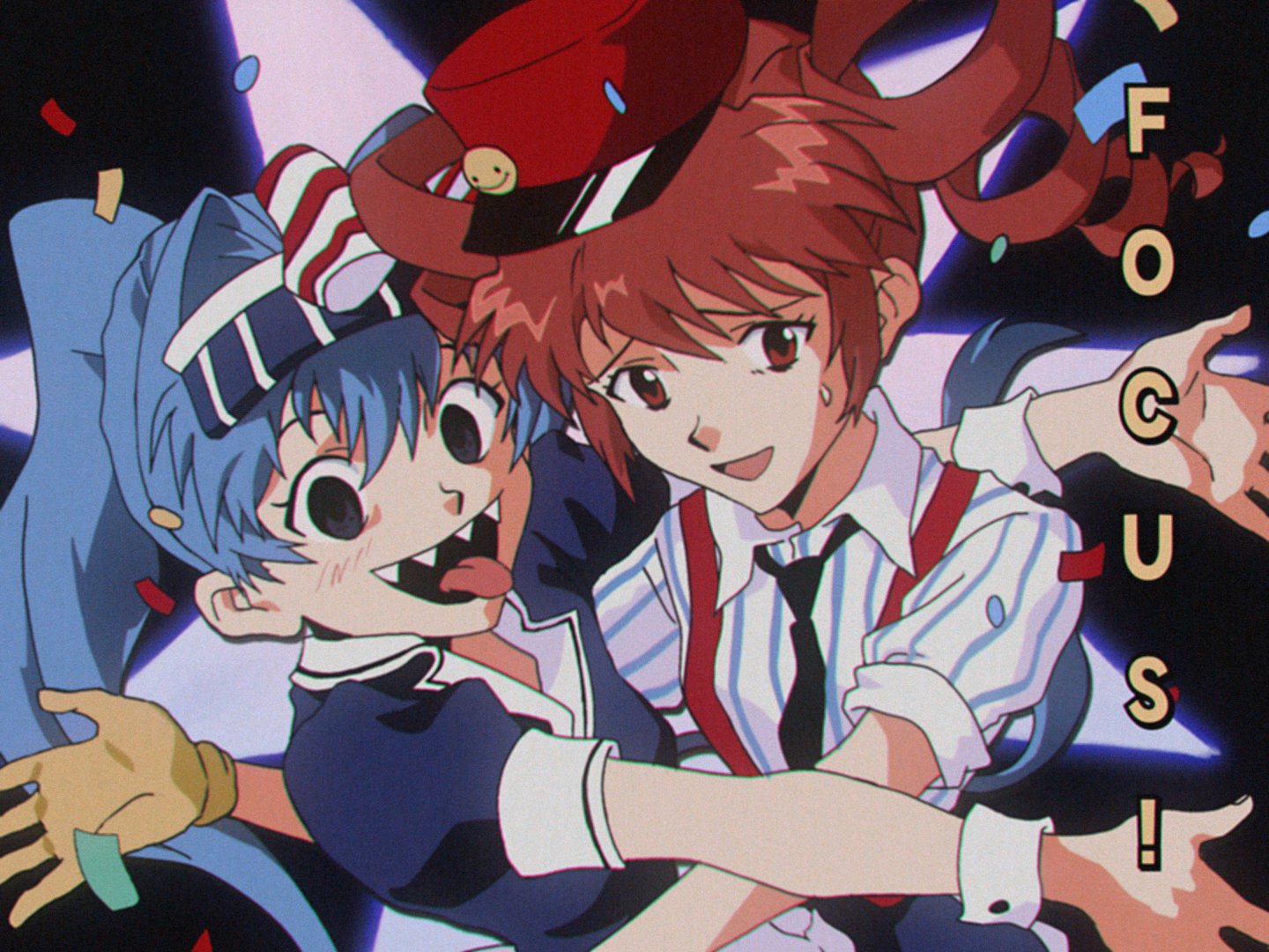 sapgoon, hatsune miku, kasane teto, mesmerizer (vocaloid), black eyes, black necktie, blue hair, blush, collared shirt, confetti, drill hair, gloves, hat, long hair, looking at viewer, necktie, open mouth, red eyes, red hair, red hat, sharp teeth, shirt, short sleeves, smile, striped clothes, striped shirt, sweatdrop, teeth, tongue, tongue out, twin drills, twintails, upper teeth only, vertical-striped clothes, vertical-striped shirt, yellow gloves