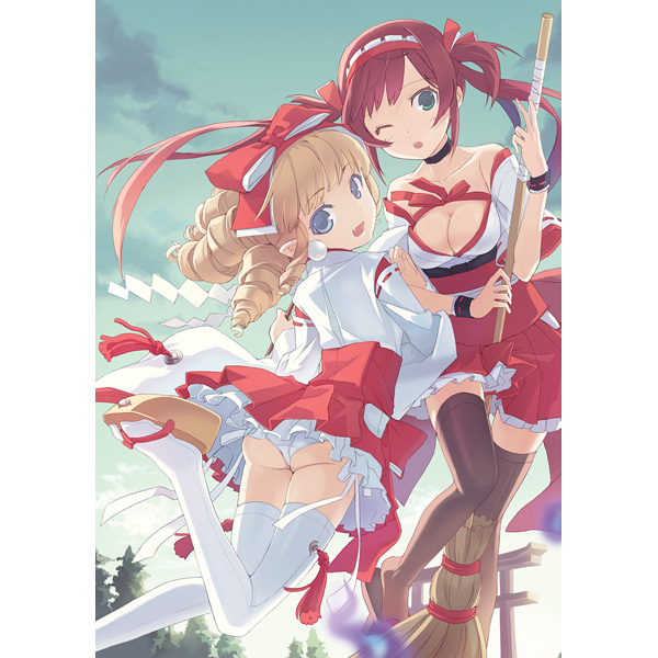 h2so4, airi (queen's blade), airi (the infernal temptress), iron princess ymir, ymir (queen's blade), queen's blade, brown legwear, white legwear, 00s, 2girls, adapted uniform, ass, black choker, blonde hair, blue eyes, blurry, bow, breasts, broom, choker, cleavage, cloud, depth of field, drill hair, facing viewer, fang, geta, green eyes, hairband, japanese clothes, lace, legs, looking at viewer, looking back, medium breasts, miko, multiple girls, nontraditional miko, outdoors, panties, pantyshot, red hair, ribbon, shrine, skirt, sky, smile, standing, tassel, thighhighs, torii, tree, twintails, underwear, white frills, white panties, white theme, zettai ryouiki