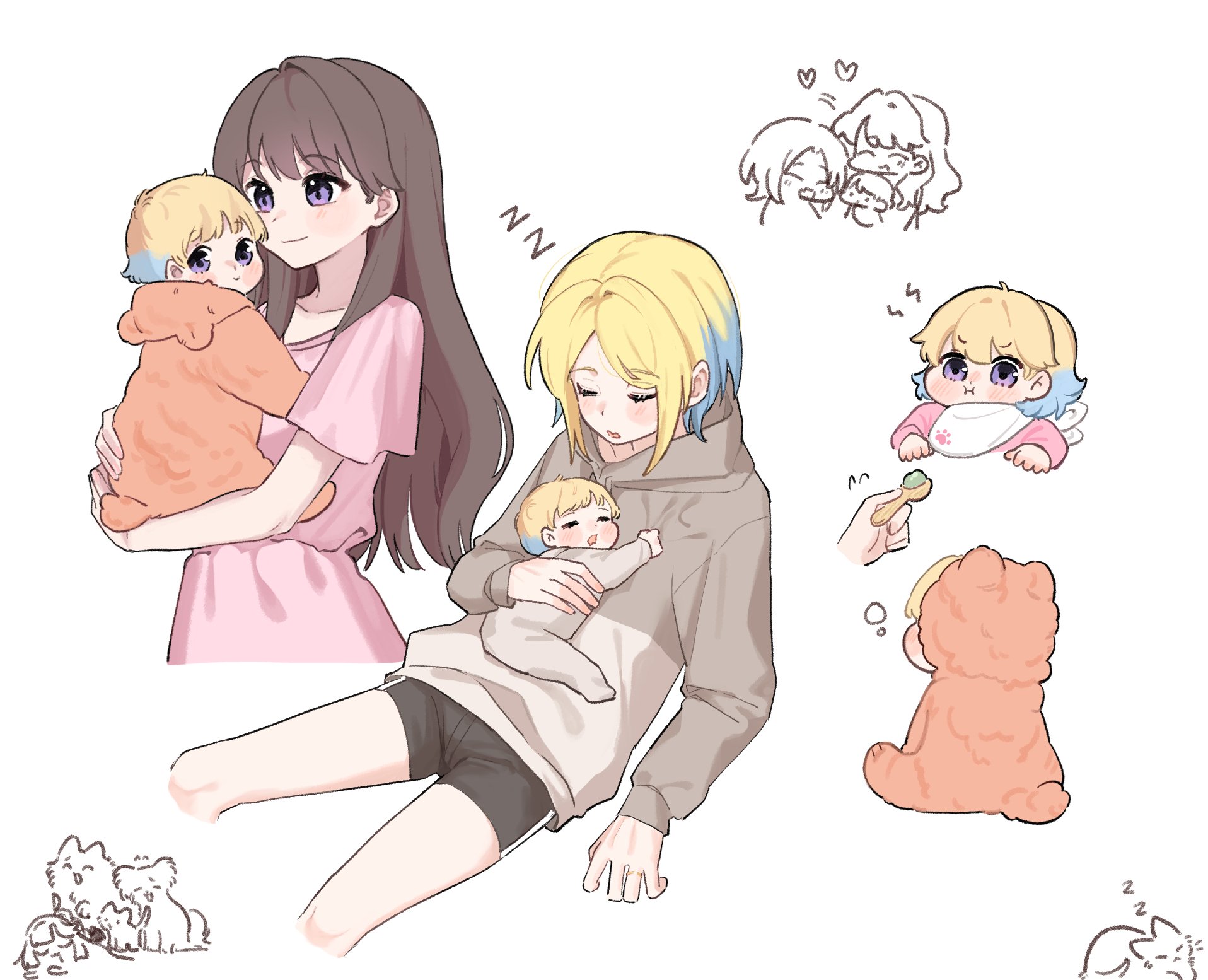 basil (wgh0anzdple3asf), anyoji hime, fujishima megumi, fujishima megumi (summer loungewear), osawa rurino, osawa rurino (summer loungewear), link! like! love live!, love live!, commentary, highres, symbol-only commentary, 3girls, :i, ahoge, alternate hair length, alternate hairstyle, animal costume, animalization, baby, black shorts, blonde hair, blue hair, brown shirt, carrying, cat, cat costume, child carry, closed mouth, dress, gradient hair, heart, if they mated, long sleeves, mother and daughter, multicolored hair, multiple girls, multiple views, pink dress, pout, purple eyes, science babies, shirt, short hair, short sleeves, shorts, simple background, sleeves past wrists, squeans, white background, yuri, zzz