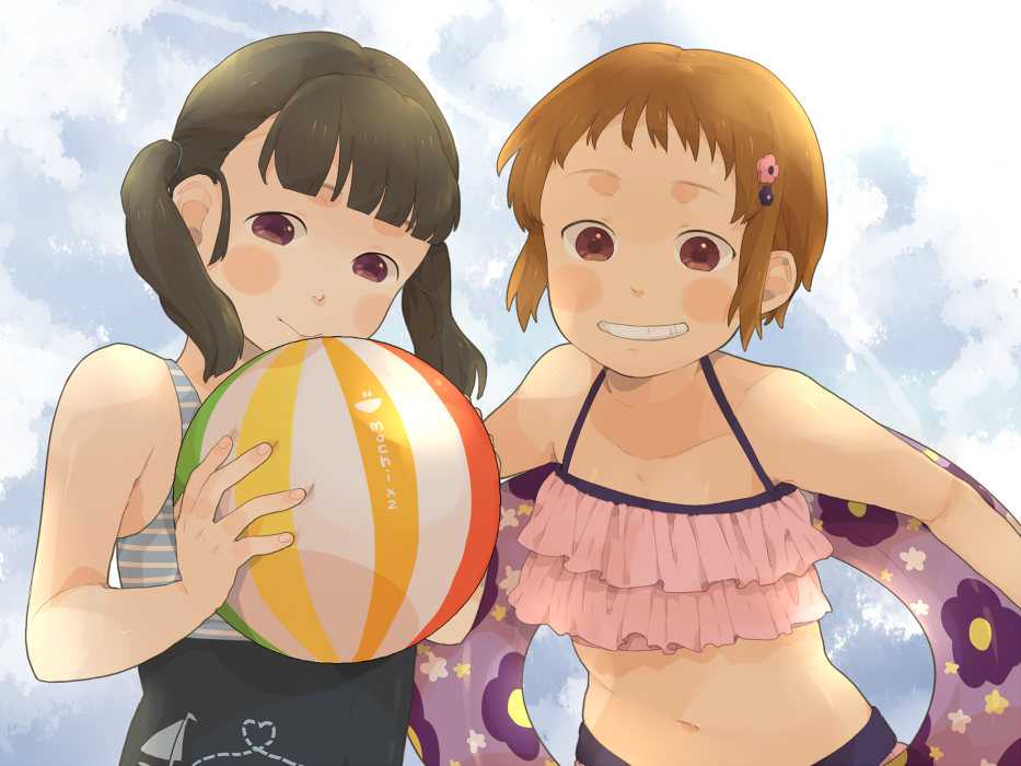 mosuko, bad id, bad pixiv id, 2girls, ball, beachball, bikini, black hair, brown hair, casual one-piece swimsuit, innertube, multiple girls, one-piece swimsuit, red eyes, smile, swim ring, swimsuit, tankini