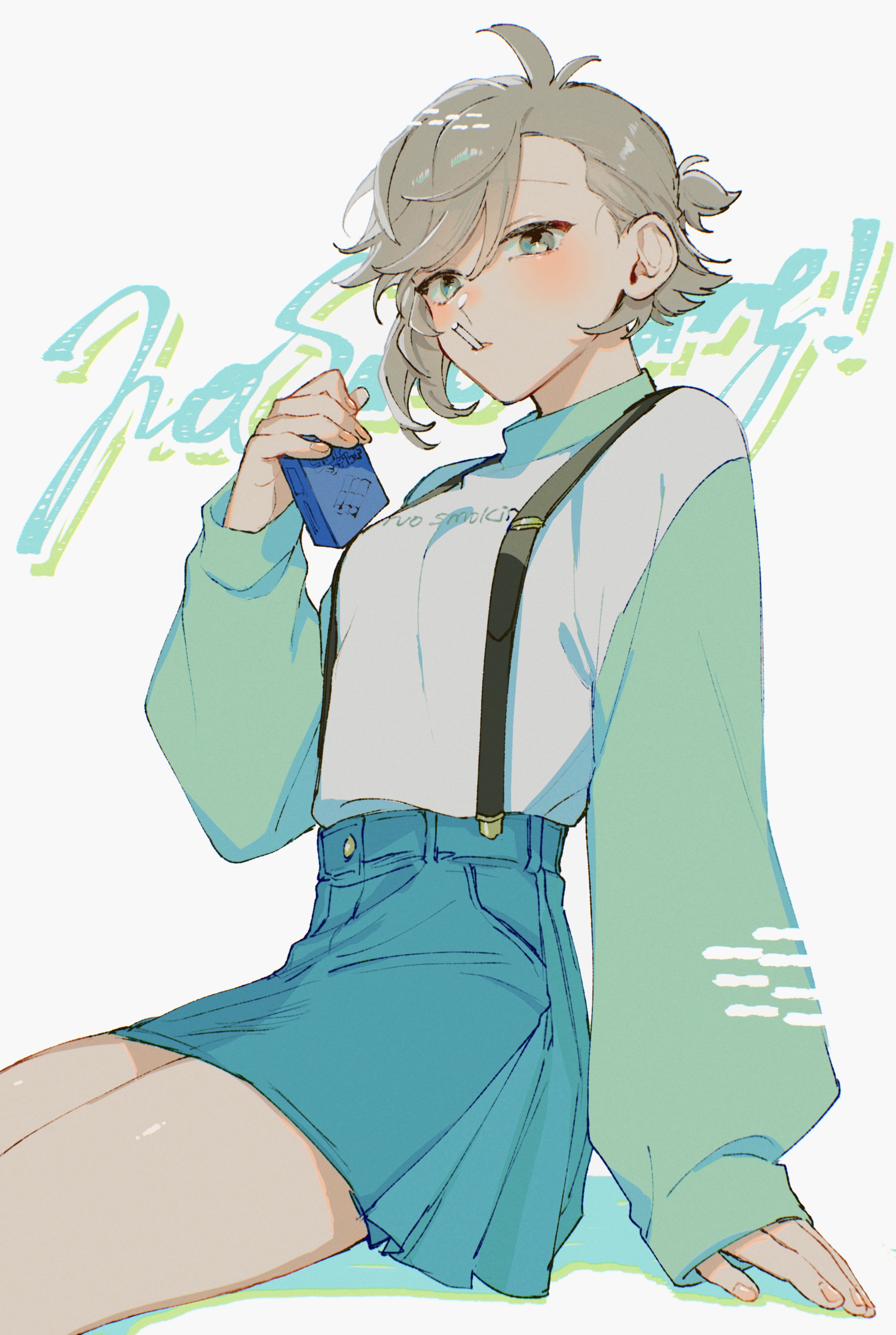 kabane (rjev8385), original, absurdres, commentary request, highres, 1girl, antenna hair, asymmetrical bangs, blue skirt, breasts, cigarette, cigarette pack, green sweater, grey eyes, grey hair, holding, holding cigarette pack, looking at viewer, medium breasts, miniskirt, mouth hold, ponytail, short hair, short ponytail, sitting, skirt, sleeves past wrists, smoking, solo, suspender skirt, suspenders, sweater, swept bangs, thighs, two-tone sweater, white background, white sweater