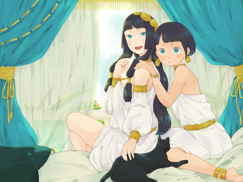 mosuko, bad id, bad pixiv id, 2girls, barefoot, black hair, blue eyes, cat, multiple girls