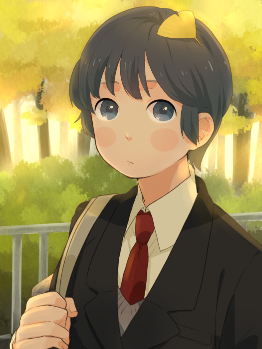 mosuko, original, bad id, bad pixiv id, 1girl, androgynous, black hair, blue eyes, blue hair, female focus, ginkgo tree, leaf, necktie, short hair, solo, upper body