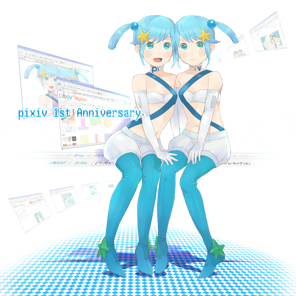 mosuko, bad id, bad pixiv id, 2girls, blue eyes, blue hair, detached sleeves, flat chest, multiple girls, smile