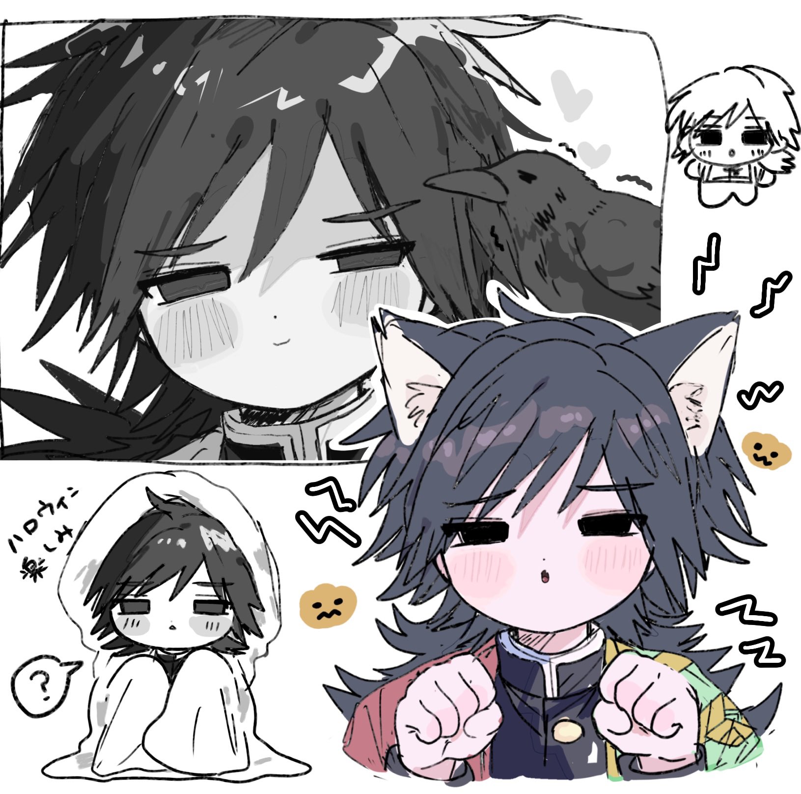 kanzaburou (kimetsu no yaiba), tomioka giyuu, kimetsu no yaiba, highres, 1boy, ?, animal ears, bird, black hair, black jacket, buttons, chibi, closed mouth, crow, demon slayer uniform, empty eyes, gold buttons, half-closed eyes, hands up, haori, high collar, jacket, japanese clothes, kikkoumon, low ponytail, male focus, multiple views, ponytail, print haori, red haori, solo, spiked hair, spoken question mark, upper body, usisandao