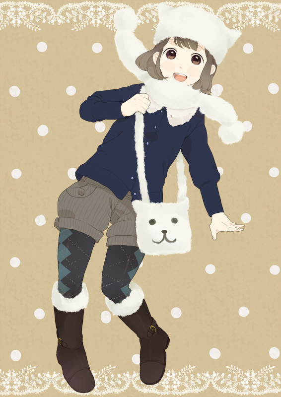 mosuko, bad id, 1girl, boots, brown eyes, brown hair, female focus, pantyhose, scarf, smile, solo