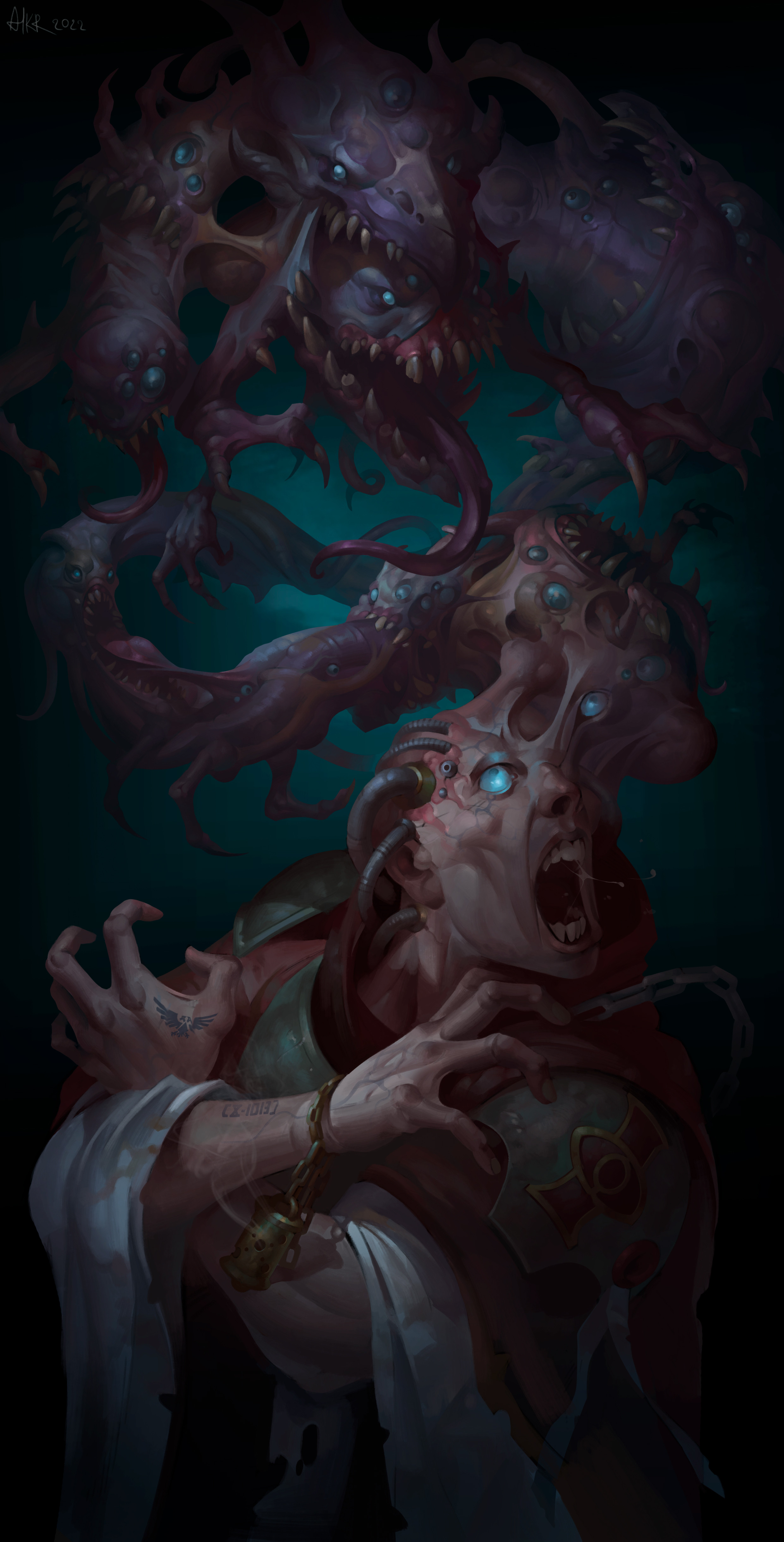 alexeykruglov, warhammer 40k, absurdres, highres, 1boy, bald, chaos (warhammer), cyborg, demon, glowing, glowing eyes, male focus, open mouth, possessed, solo